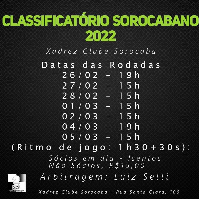 Xadrez Clube Sorocaba - É hoje! Venham todos! Contam pontos para todas as  etapas Premiação com troféu!