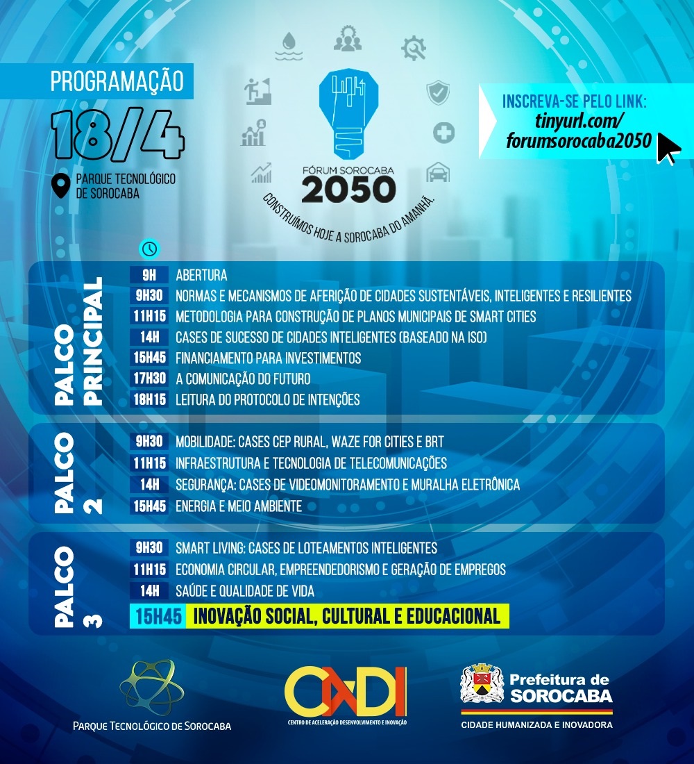 Inovação social, cultural e educacional é tema de debate no “Fórum Sorocaba 2050” noticias.sorocaba.sp .gov .br inovacao social cultural e educacional e tema de debate no forum sorocaba 2050 dia 18 no parque tecnologico educacao