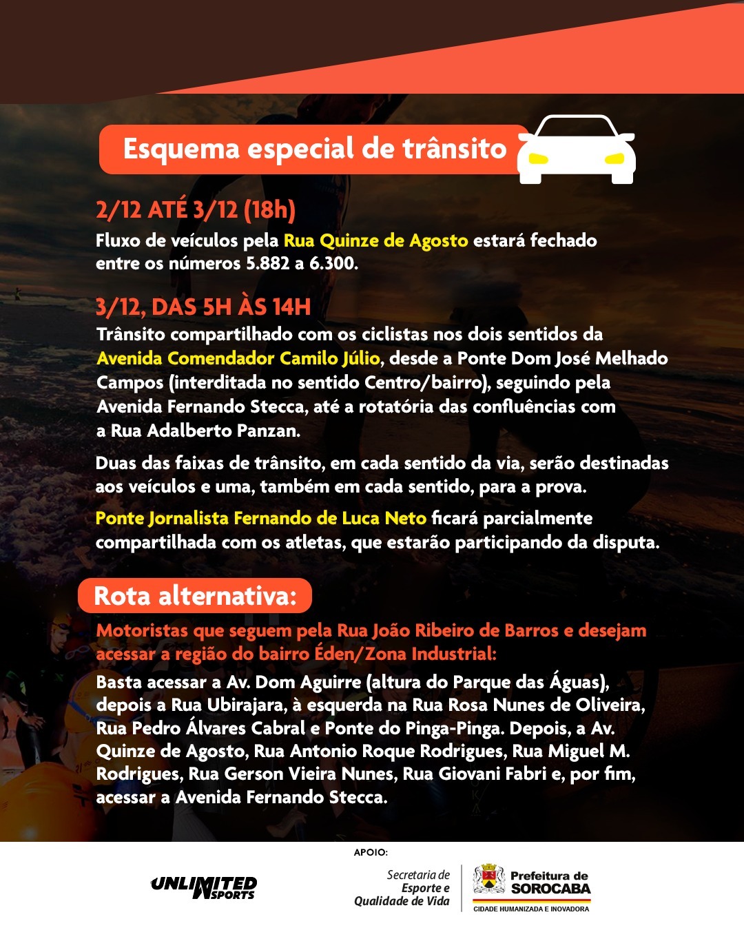 Sorocaba sedia 3ª etapa da Itaú BBA Triday Series de Triathlon no dia 3 de dezembro aviso transito itau bba triday series